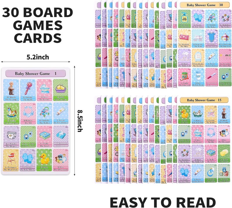 Ambercalm Baby Shower Games in Spanish English for 30 Players,Mexican Bingo Juegos para Baby Shower en Español for Boy and Girl,Funny Spanish Bingo Card Games - Image 2